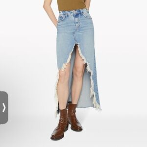 MOTHER Light Blue Denim Maxi Skirt with Fringed Front Slit
